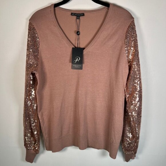 NWT ADRIANNA PAPELL Antique Rose Long Sequin Sleeve V-neck Pullover Sweater Sz S - Picture 2 of 16